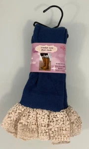 New WinWin Women's Crochet Lace Boot Knee Socks Blue Small Flower Size 6-11 - Picture 1 of 5