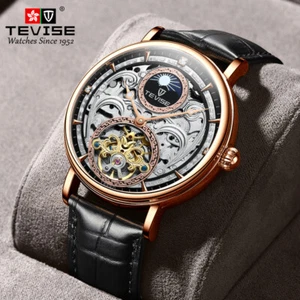 TEVISE Men's Skeleton Hollow Moon Phase Tourbillon Automatic Mechanical Watch - Picture 1 of 13