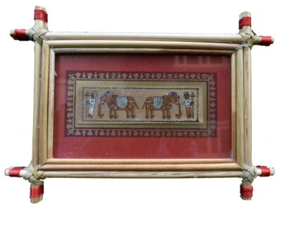 Royal Guards Standing with Elephants Palm Leaf Painting Frame with Cane Stick - Image 1 of 3