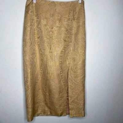 Talbots Long Skirt Women 10  Yellow Rust Paisley Front Slit Metallic Silk Wool - Image 1 of 4