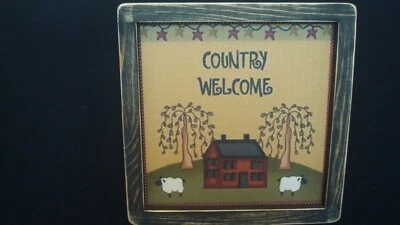 Primitive Country Print *COUNTRY WELCOME* black frame 9 1/2" x 9 1/2" - Image 1 of 2