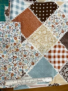 Vtg 70s fabric Cheater Quilt Print Brown Tan White and coordinating fabric 2 yds - Picture 1 of 3