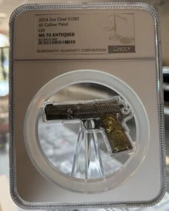 45 Caliber Pistol S10KF 2024 Chad 2 Oz Gilt Silver Coin Antiqued NGC MS 70 - Picture 1 of 15