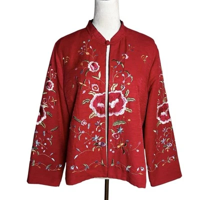 Norm Thompson шелк вышитая куртка большой | красный богемное цветочный праздник вечер - Изображение 1 из 4