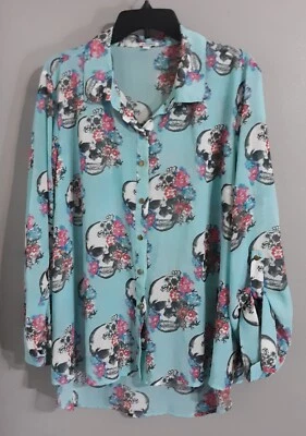 Top de mujer Bongo Plus manga larga/botón azul transparente informal/carrera talla 3x Foto 1 de 4