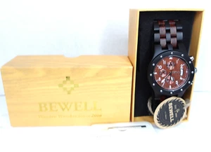BEWELL Wooden Quartz Analog Date Men's Wristwatch, Maple/Black Sandlewood - Picture 1 of 11