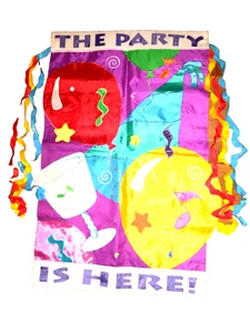 THE PARTY IS HERE! - Nylon House Yard Flag ~ Double Sided -27 1/2 X 44 1/2" ~NEW - Picture 1 of 4