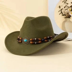 Green Cowboy & Cowgirl Hat – Wide Brim, Brown Bead Strap, Retro Western Look - Picture 1 of 2