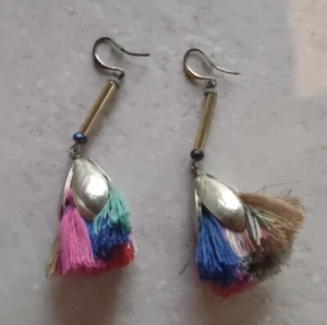 Tassels Earrings Silver-Tone Pierced Ear Wires 2.8" Dangles Pink Blue Multicolor - Picture 1 of 12