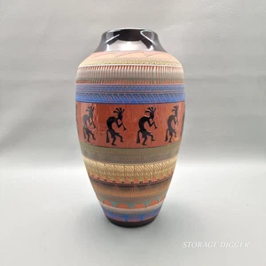 VTG Signed Navajo Pottery Red Clay Etched Kokopelli 11" Native American Vase - Picture 1 of 11