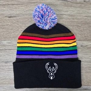 Milwaukee Bucks Beanie Hat Cuffed Pom NBA Knit Adult OSFA Rainbow Cap - Picture 1 of 7