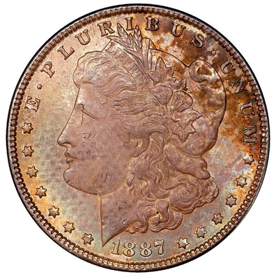 1887 ANACS MS 63 Bolsa textil tonificada 2 caras arco iris dólar Morgan Foto 1 de 4