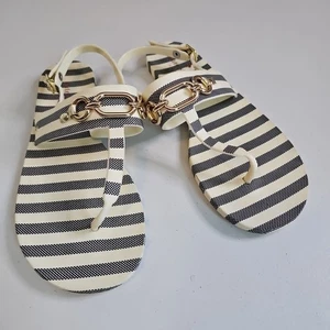 Kate Spade New York Women Polly Flat Sandals Size 8 Black Cream Striped Rubber - Picture 1 of 8