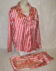 UNBRANDED 2 PC PAJAMAS SZ M RED-ORANGE AND WHITE STRIPED SATIN BOX01 - Picture 1 of 5