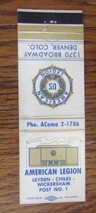 AMERICAN LEGION POST #1 MATCHBOOK COVER: DENVER, COLORADO EMPTY MATCHCOVER -A9 - Picture 1 of 2