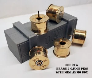 Set of 5 Brass 12 Gauge Shotgun Shell Push Pins with Mini Ammo Box, Hunting Gift - Picture 1 of 5