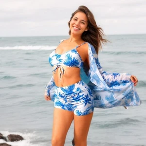 Elegant Blue and White Palm Print Three-Piece Swimsuit with Sheer Kimono - Picture 1 of 5