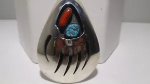 Bear Claws Old Pawn Fred Harvey Turquoise Red Coral Shadowbox Pendant Sterling - Picture 1 of 8