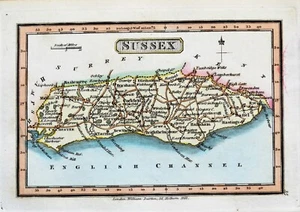 Sussex, Darton handfarbige Original Miniatur antike Grafschaft Karte c1822 - Bild 1 von 1