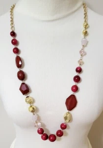 Beaded Necklace Red Pink Gold Tone Chunky Faceted Stones W/Rose Quartz NWT - Picture 1 of 4