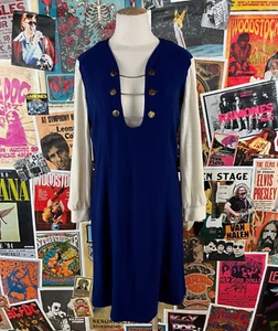 Vintage 60s Retro Blue Cream Long Sleeve Chain Mod Shift Dress Women's Small - Picture 1 of 16