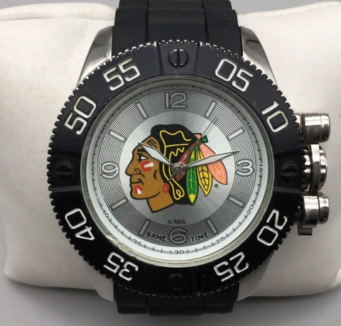 NHL Chicago Blackhawks Watch Men Black Silver Tone Hockey 48mm New Battery Cover