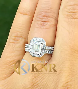 14K Weißgold Smaragdschliff natürlicher Diamant Verlobungsring und Band Heiligenschein 2,20ctw - Bild 1 von 12