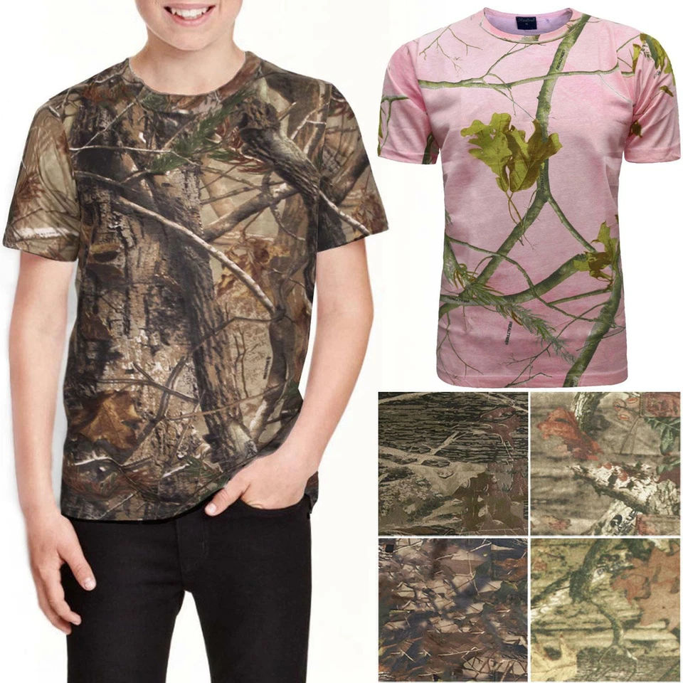 KIDS JUNGLE T-SHIRTS TREE PRINT SUMMER GIRLS CAMOUFLAGE BOYS COMBAT HUNTING TOP
