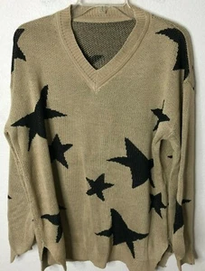 Women’s V Neck Lantern Star Color Black, Split Knit Sweater Pullover, Khaki, S - Picture 1 of 7