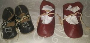 ANTIQUE OIL CLOTH LEATHER DOLL SHOES 2 PAIRS BISQUE HEAD GERMAN FRENCH $18.88