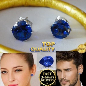 Mens Womens Round Blue Tanzanite Austrian Crystal Stud Earrings, Sizes 3mm- 8mm - Picture 1 of 14