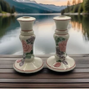 Vintage 2er Set Keramik von Levine Floral Kerzenständer keine Chips oder Risse - Bild 1 von 7