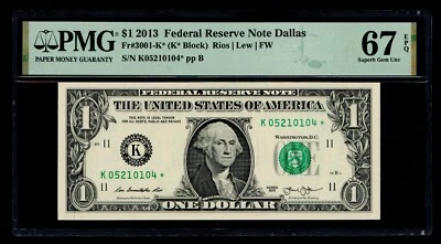 STAR 2013 $1 Federal Reserve Note Dallas PMG GEM UNC 67 EPQ - Image 1 of 2