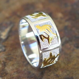 Hawaiian 925 Silver Gold Honu Sea Turtle Wedding Jewelry Ring Band 8mm SR1005