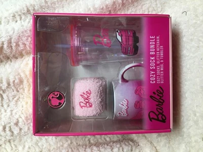 Barbie Cozy Sock Bundle Womens One Size Mug Tumbler Keychain Gift Set New - Image 1 of 4
