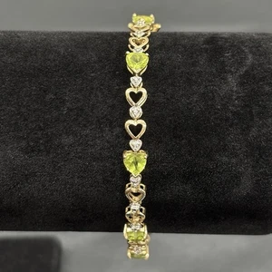 10k Yellow Gold Heart Cut Peridot & Diamond Link Tennis Bracelet 7” 6.9g 5mm LGL - Picture 1 of 7