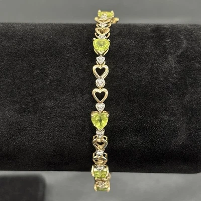 10k Yellow Gold Heart Cut Peridot & Diamond Link Tennis Bracelet 7” 6.9g 5mm LGL - Image 1 of 4