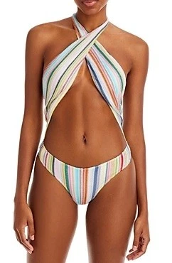 Missoni BRIGHT MULTI Striped Knit Halter One-piece Swimsuit, US 10 - Image 1 of 4