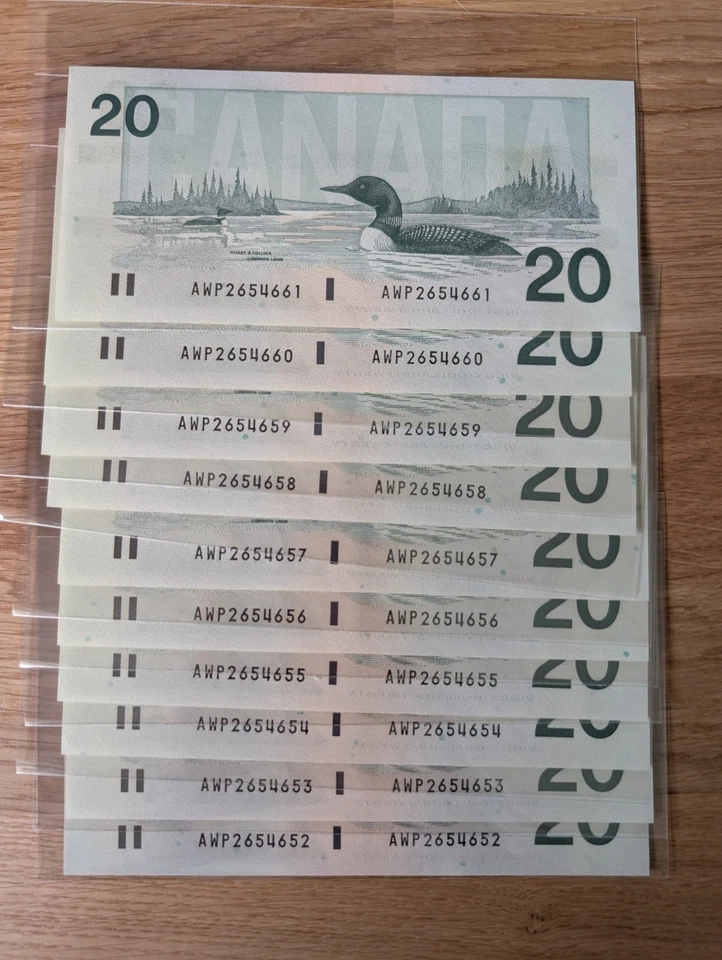 10 Sequential 1991 Canadian $20 Bills – Birds of Canada Series –... Foto 1 de 4