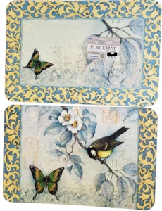 2 Same Reversible Plastic Placemats (12"x18") BIRD, FLOWERS & BUTTERFLIES, CA - Picture 1 of 8