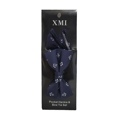 NUEVO XMI Juego de Pañuelo y Pajarita de Bolsillo - Azul Marino con Anclas - Boda/Promoción/Fiesta Foto 1 de 2