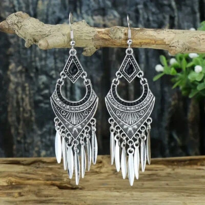 Pendientes Boho Gancho Plata de Ley 925 Estilo Vintage Tibetano Tíbet Cuelga Gota Foto 1 de 3