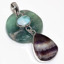 925 Silver Plated-Banded Amethyst Larimar Ethnic Long Pendant Jewelry 2.4" JW