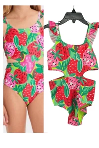Cat & Jack Girls Pink Sweet Strawberry Print Ruffle Strap Cutout Swimsuit XS 4/5 - Picture 1 of 16