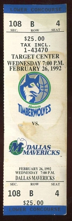 Ticket Basketball Minnesota Timberwolves 1991 - 92 2/26 Dallas Mavericks - Image 1 of 1
