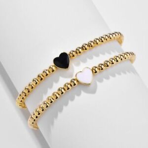 2Pcs Heart Charm Bracelet Gold Color Beads Bangle Elastic Friendship Bracelets