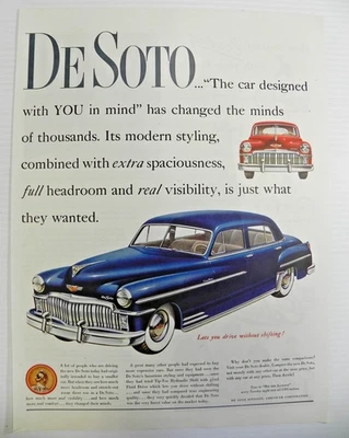 Anuncio impreso DeSoto 1949 "Tip-Toe Hydralic Shift with Gyrol Fluid Drive" rojo y azul Foto 1 de 4