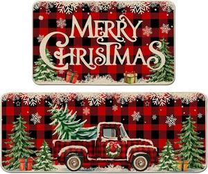 Christmas Kitchen Mats for Floor - Farmhouse Truck Red Buffalo Plaid Christmas K - Picture 1 of 12
