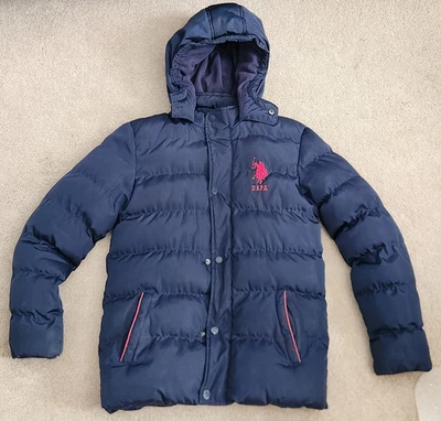 U.S. Polo Assn Coat Boys Mens Navy Blue Padded Jacket Puffer Hood USPA 12 13 - Image 1 of 3