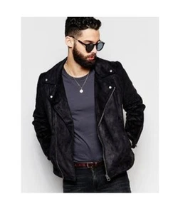 Men's Suede Leather Jacket Moto Biker Black Leather Jacket - Picture 1 of 6